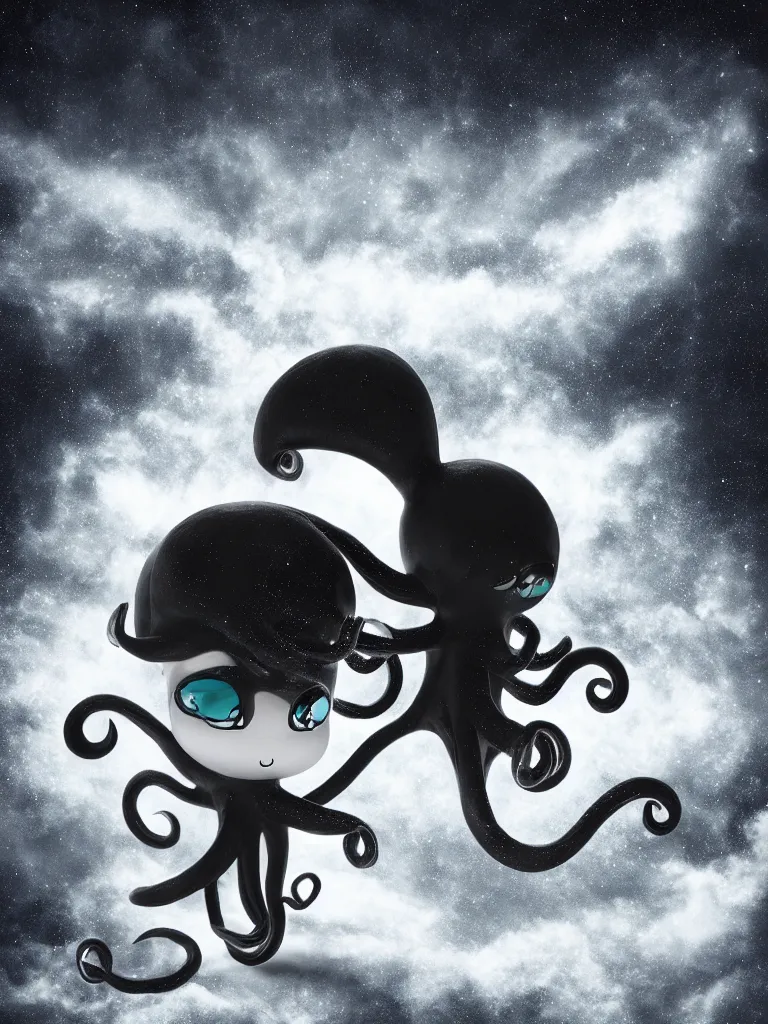 Image similar to cute fumo plush gothic octopus maiden alien girl combing her hair in the waves of the wavering dark galactic abyss, ocean wave thunderstorm and reflective splashing water, black and white, ocean simulation, vignette, vray