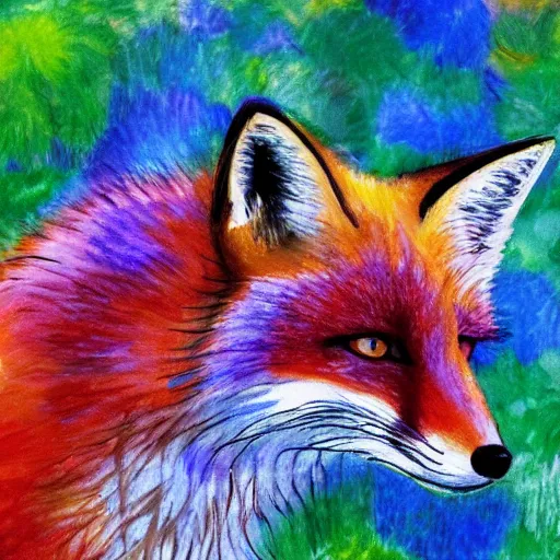 Image similar to fox in the garden, vivid watercolor, in the style of claude monet, beautiful face, fall leaves multiple colours, award winning, hd, 4 k, purple, blue