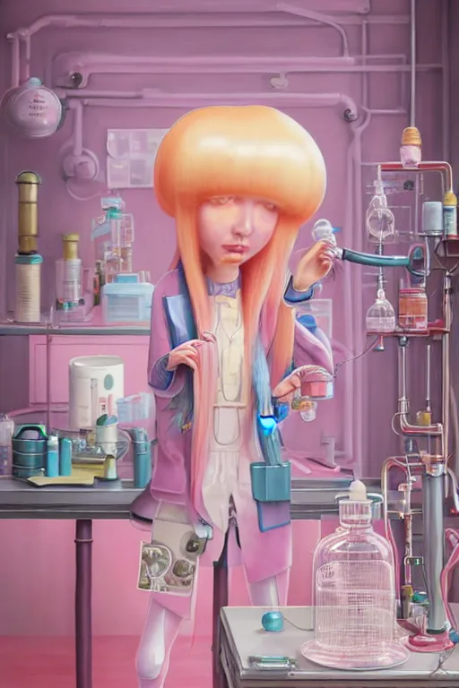 Image similar to highly detailed, industrial photograph profile photo of adult princess bubblegum from adventure time, detailed and intricate environment, working in her science lab, wearing lab coat, long bubblegum hair, long straight bangs, confident, beautiful, attractive, illustration concept art by nicoletta ceccoli, mark ryden, lostfish, 8 k resolution, hyperrealistic, octane render