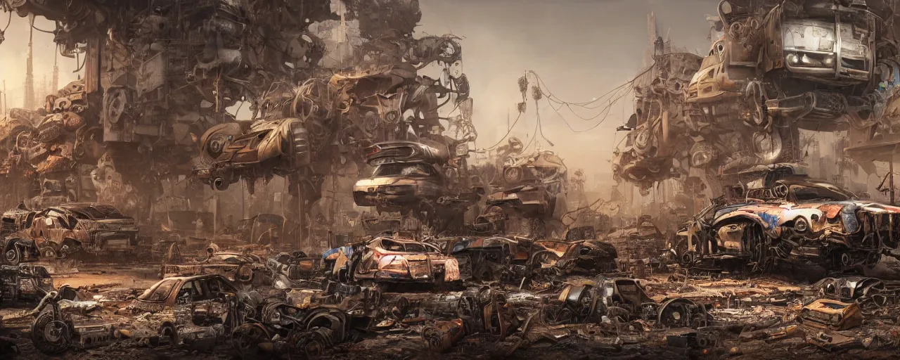 Image similar to an intricate concept art of a mechanical coming out to life in a junkyard, post - apocalyptic, hyper maximalist, matte painting, ultra detail, concept art, hyper realistic, cgsociety, hyper maximalist, artstation, deviantart, style by feng zhu and dylan cole, octane render, anime style