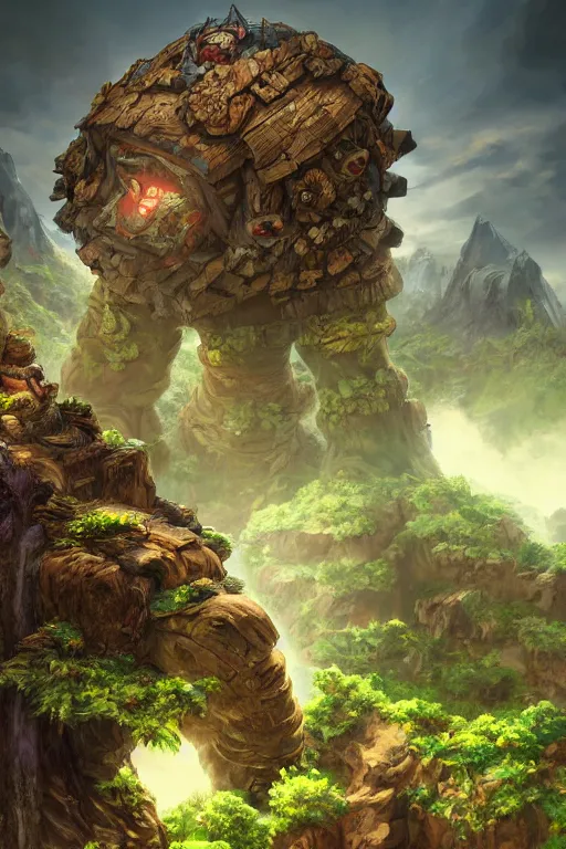 Image similar to zelda fantasy art giant golem troll wood rock greeble gemstone, global illumination ray tracing hdr fanart arstation by sung choi and eric pfeiffer and gabriel garza and casper konefal