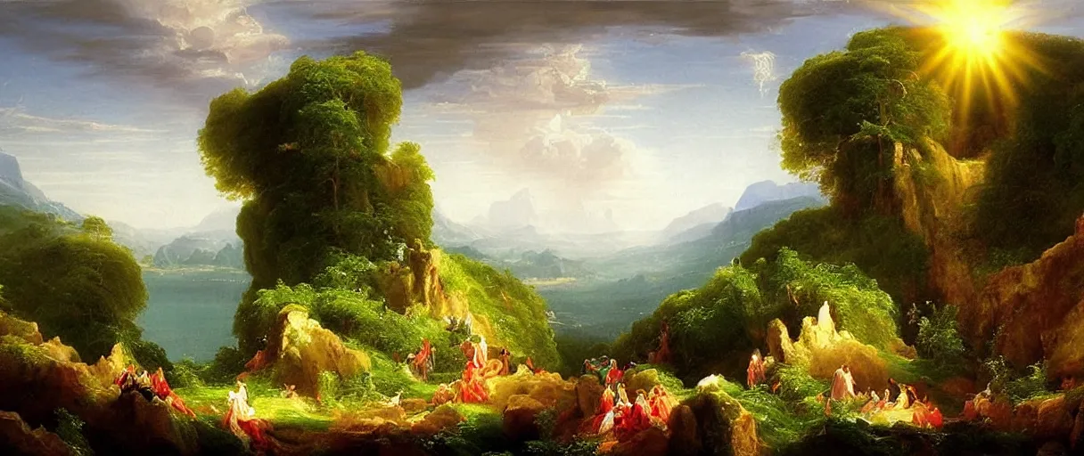 Image similar to what were we doing when we unchained this earth from its sun? whither is it moving now? whither are we moving? away from all suns? are we not plunging continually? backward, sideward, forward, in all directions?, in the style of an awe - inspiring thomas cole oil painting on canvas