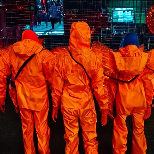 Prompt: love, diverse orange cybersuits, from behind, connection rituals, wide wide angle, vivid, elaborate, highly detailed, beautiful lighting