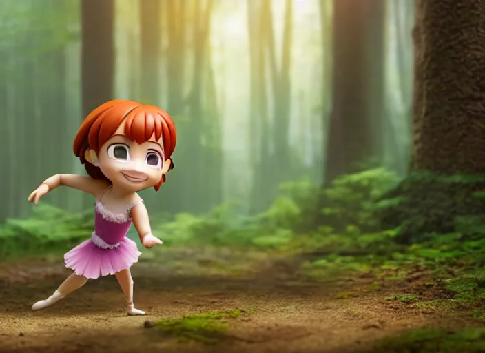 Image similar to redhead prima ballerina as nendoroid walking in a forest in the croods movie style, anime, disney, pixar, 8 k, hd, dof, kodak film, volumetric lighting, subsurface scattering, photorealistic, octane render, details