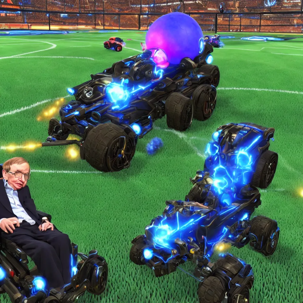 Prompt: Stephen Hawking in rocket league