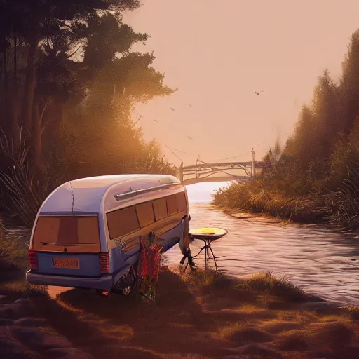 Image similar to Intricate detailed illustration, Matt Foley living in a van down by the river, cinematic lighting, by Philip Hood, wide angle, volumetric light scattering, 8k, artstation, concept art,