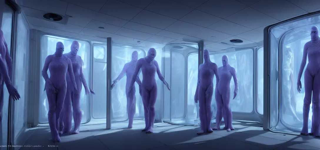 Prompt: epic professional digital art of upright futuristic slim cryogenic chambers with frosted window and dim outline of sleeping patients within, hamish frater, jim burns, wayne barlowe, unreal engine 6 maya render, octane, hd, 4 k