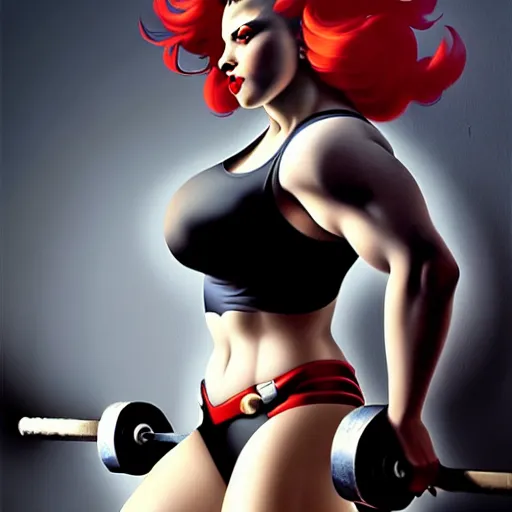 Image similar to greg manchess portrait of scarlett johansson as thick very muscular gothic weightlifter zarya from overwatch with red hair and black lipstick, fantasy medium shot, asymmetrical, profile picture, organic painting, sunny day, matte painting, bold shapes, hard edges, street art, trending on artstation, by huang guangjian and gil elvgren and sachin teng