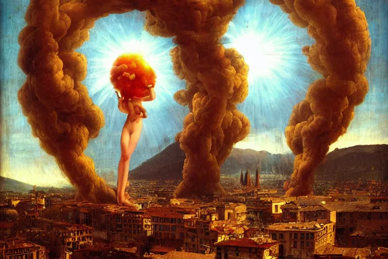 Image similar to an epic destructive nuclear explosion at renaissance florence italy during daylight in the style of michaelangelo, dino valls, peter mohrbacher, james jean, horror element, nightmare, beautiful, nuclear mushroom smoke