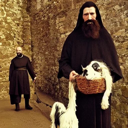 Prompt: photo of breton monks looking like rasputin on athos, with a dog and a goat