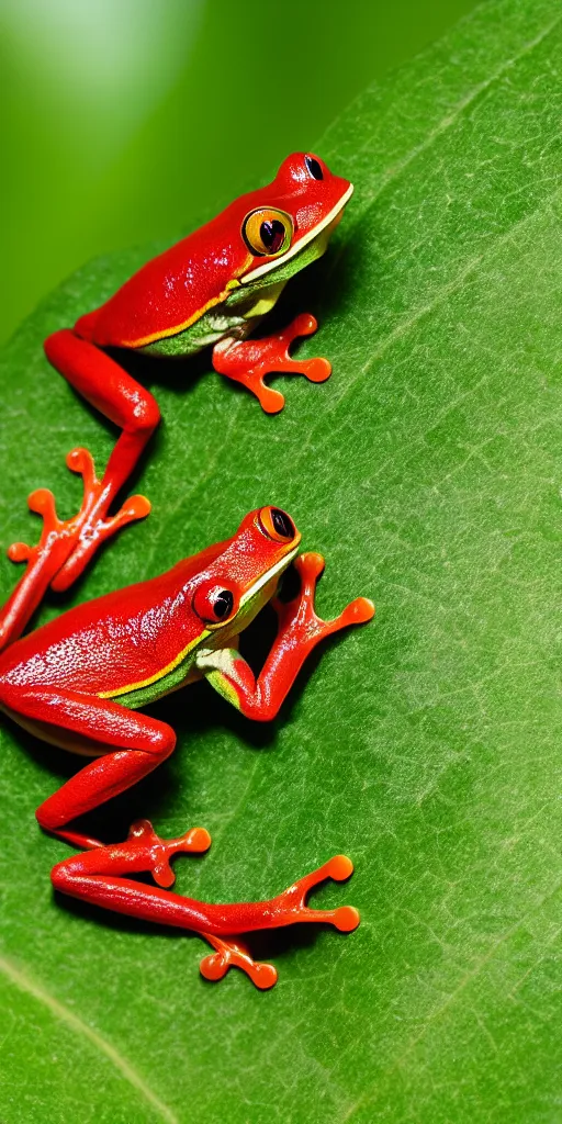 Image similar to macro photo of a red-eyed tree frog on a leaf, Nikon D810, ƒ/5.0, focal length: 46.0 mm, Exposure time: 1/60, ISO: 400, hyper-detailed, award-winning National Geographic photo