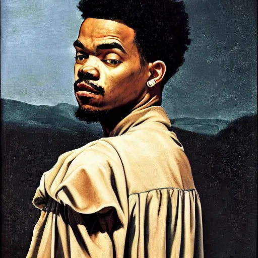 Prompt: a portrait painting of Chance The Rapper as a Poet in the style of Caravaggio, 1599, realistic, detailed