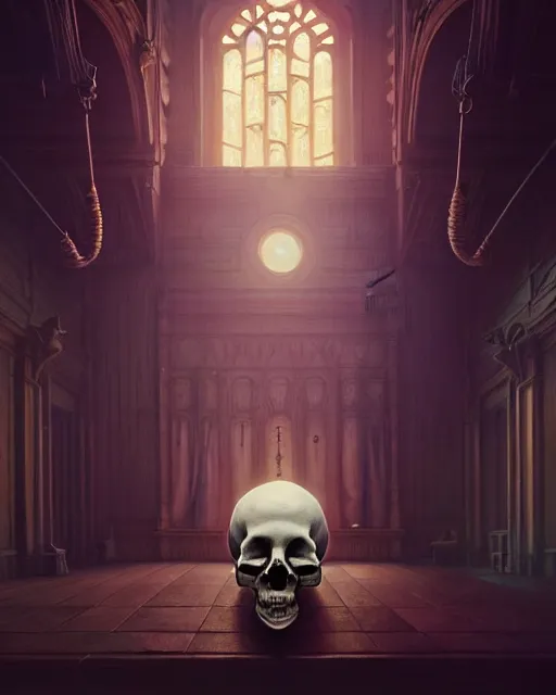 Image similar to highly detailed surreal vfx portrait of a skull in a great hall, stephen bliss, unreal engine, greg rutkowski, loish, rhads, beeple, makoto shinkai and lois van baarle, ilya kuvshinov, rossdraws, tom bagshaw, alphonse mucha, global illumination, detailed and intricate environment