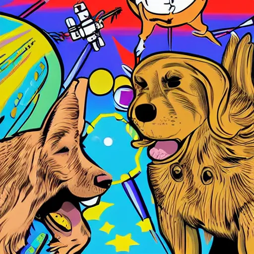 Prompt: a golden retriever and a raccoon dressed as crazy superheroes scientists on an adventure in space, 1960s psychedelic style