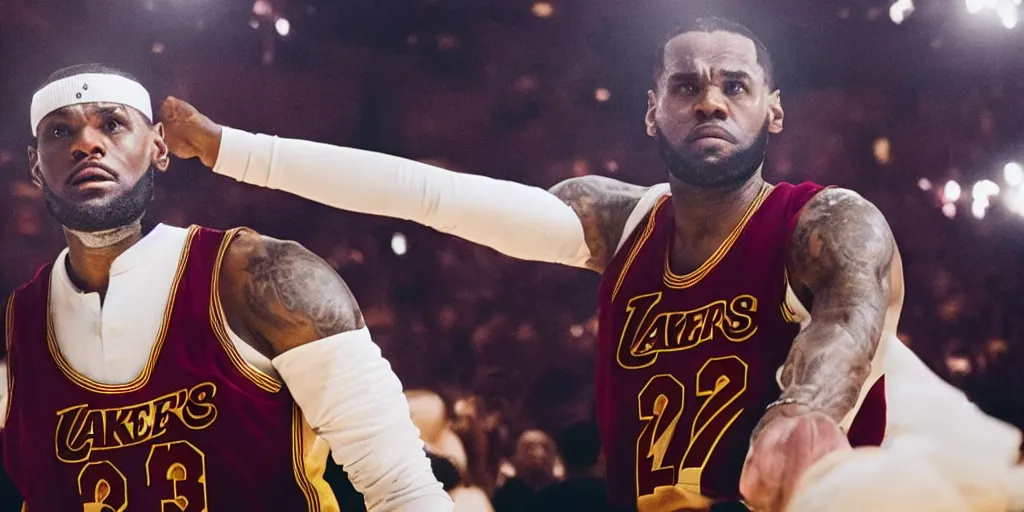 Image similar to leonardo dicaprio as lebron james in'james'( 2 0 2 4 ), movie still frame, oscar nominated cinematography, volumetric lighting, 8 k resolution, beautiful composition