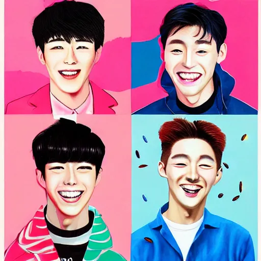 Prompt: handsome korean boys group smile to you - aesthetic, smooth painting, each individual seeds have ultra high detailed, 4 k, illustration, comical, acrylic paint style, pencil style, torn cosmo magazine style, pop art style, ultrarealism, by mike swiderek, jorge lacera, ben lo, tyler west