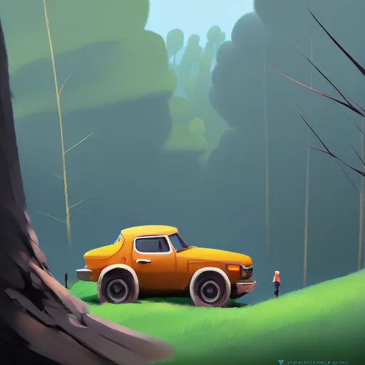 Image similar to goro fujita ilustration hikers parking the car in the forest, painting by goro fujita, sharp focus, highly detailed, artstation