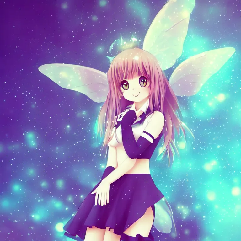 Image similar to cute, full body, female, anime style, a cat girl with fairy wings, large eyes, beautiful lighting, sharp focus, simple background, creative, heart effects, filters applied, illustration