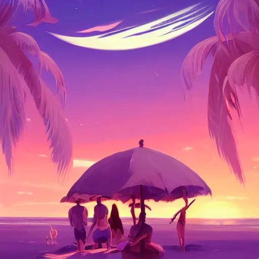 Prompt: beach with jungle in the background, purple sky with planets above, official fanart behance hd artstation by jesper ejsing, by rhads, makoto shinkai and lois van baarle, ilya kuvshinov, ossdraws