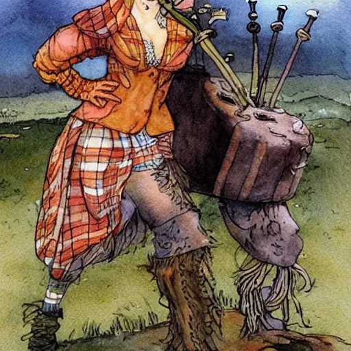 Image similar to a realistic and atmospheric watercolour fantasy concept art of britney spears dressed with scottish clothes and with bagpipe, muted colors. by rebecca guay, michael kaluta, charles vess and jean moebius giraud,