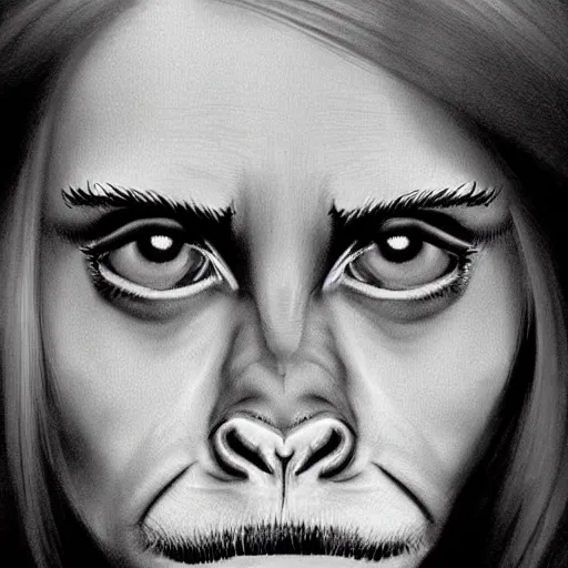 Prompt: Very funny actress Emma Watson looking like an old monkey, monkey, Emma Watson actress monkey face, like gorilla, chimpanzee, colorful painting on grey scale face, powerful , magic, thunders, dramatic lighting, intricate, wild, highly detailed, digital painting, artstation, concept art, smooth, sharp focus, illustration, art by artgerm and greg rutkowski and alphonse mucha, footage