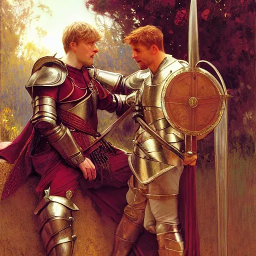 Image similar to attractive arthur pendragon and his attractive male knight, they are in love, natural lighting, path traced, highly detailed, high quality, digital painting, by gaston bussiere, craig mullins, alphonse mucha j. c. leyendecker