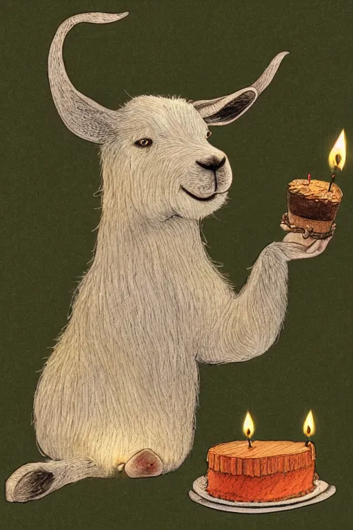 Image similar to an elderly goat with a long white beard, sitting in front of a birthday cake with lit candles, in the style of a children's book illustration, by elsa beskow, cute, highly detailed digital art