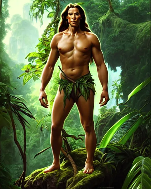 Prompt: tarzan in the jungle, fantasy character portrait, ultra realistic, concept art, intricate details, highly detailed by james bamaruan jia and mandy jurgens and artgerm and william adolphe bouguereau and frank frazetta