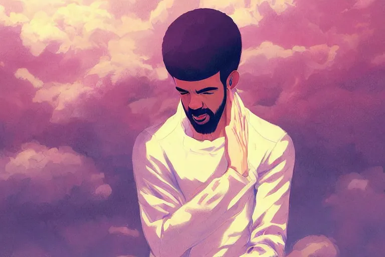 Image similar to Pixiv Digital art Full Body Extreme Detailed Full and Isolated and singular portrait of Drake crying tears sitting on a Cloud in the sky. His tears pour down like rain in the scene is full of clouds and raining by Ilya Kuvshinov and Greg Rutkowski