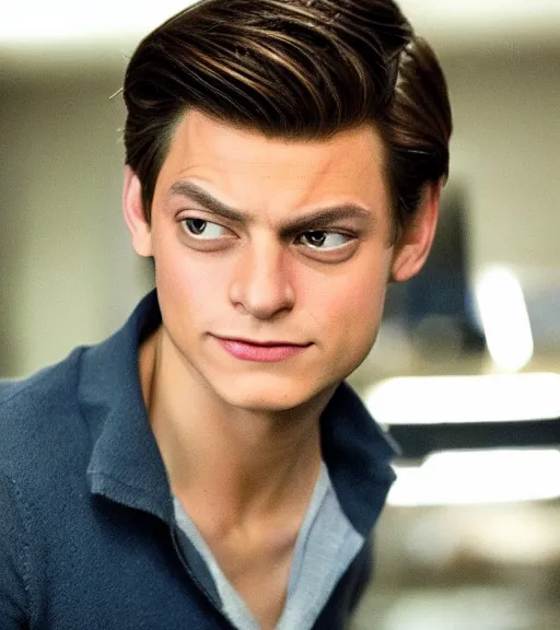Prompt: very handsome peter parker with his spider suit removed to his waist, looking seductive