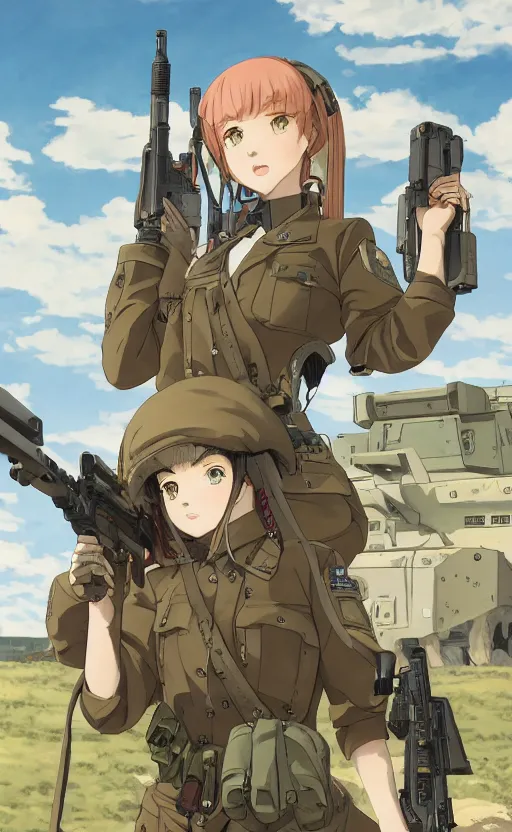 Image similar to portrait of a female soldier, highly detailed, high resolution, military camp in the background, full color manga visual style, illustration, stunning, prequel of girls frontline, bokeh soft, matte, 100mm, by professional photographer, hayao miyazaki, ilya kuvshinov, alphonse mucha, studio mappa, realistic human anatomy, realistic military carrier, modern warfare, realistic weapon, shot with a arriflex 35 ii, low saturation, small eyes