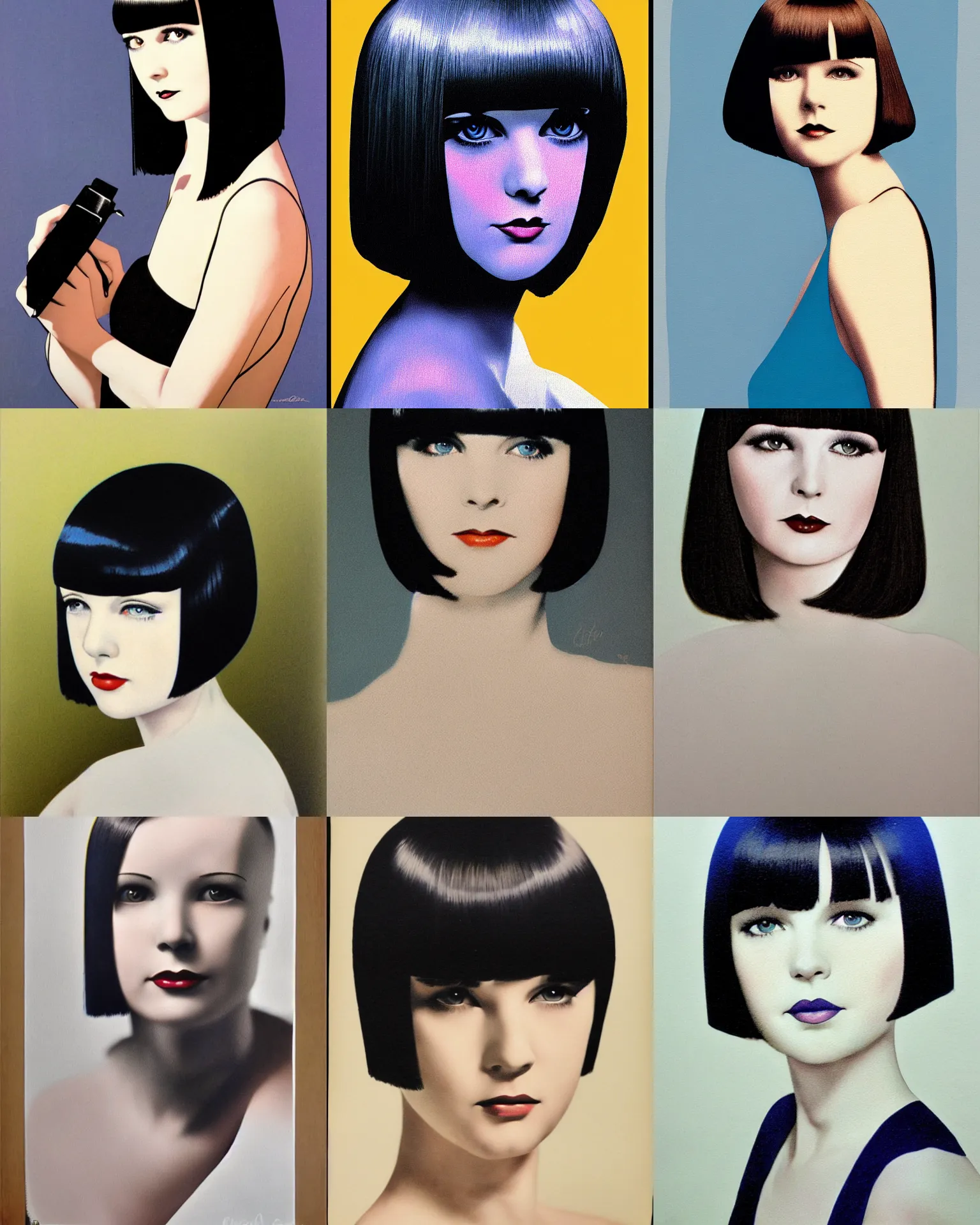 Prompt: mary louise brooks 2 0 years old, bob haircut, pantone marker portrait,, by cliff ruddell, duo tone
