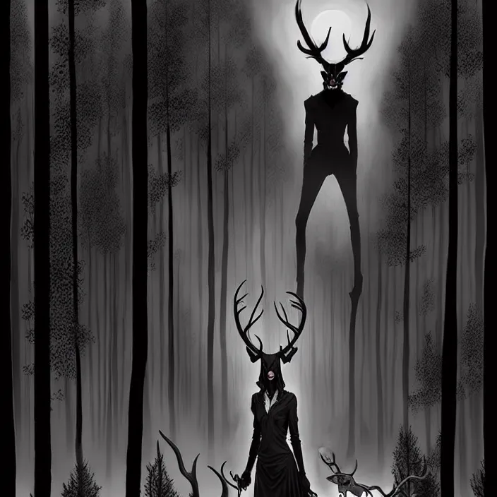 Image similar to style artgerm, joshua middleton, diego fazio, rafael albuquerque : : scary wendigo with antlers and skull face mixed with werewolf : : [ [ beautiful witch wearing a black dress, symmetrical face, on the right side ] ] : : in the forest, detailed, dark and foggy, cinematic lighting