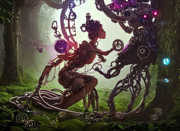 Prompt: intricate mechanical fairy with visible gears having tea with a cyborg gorgon medusa in a magical forest, having tea with a giant minotaur. Very detailed 8k. Fantasy cyberpunk horror. Sharp. Cinematic post-processing