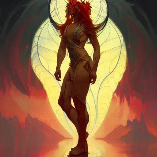 Prompt: full figure dragon, frontal view, luminous scene, by greg rutkowski and alphonse mucha, d & d character, gradient yellow to red, in hell, highly detailed portrait, digital painting, artstation, concept art, smooth, sharp focus illustration, artstation hq