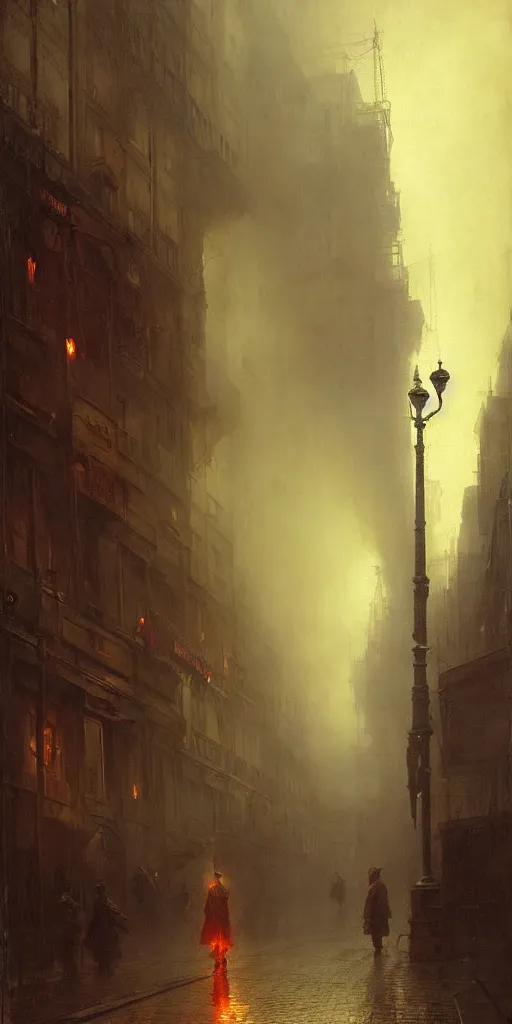 Prompt: a street of a city in 1 9 4 0 with yellow light on from the windows during the night, a men stand up under a light, steam punk, mystical red fog, oil on canvas, art by andreas achenbach, clemens ascher, tom bagshaw and sabbas apterus,