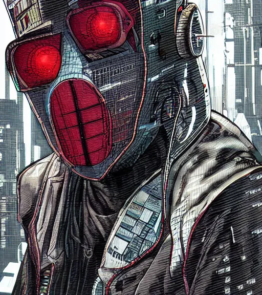 Image similar to a cyberpunk man with a patchwork face of various ethnicities, techwear, Industrial Scifi, detailed illustration, character portrait, by Martin Grip and Moebius