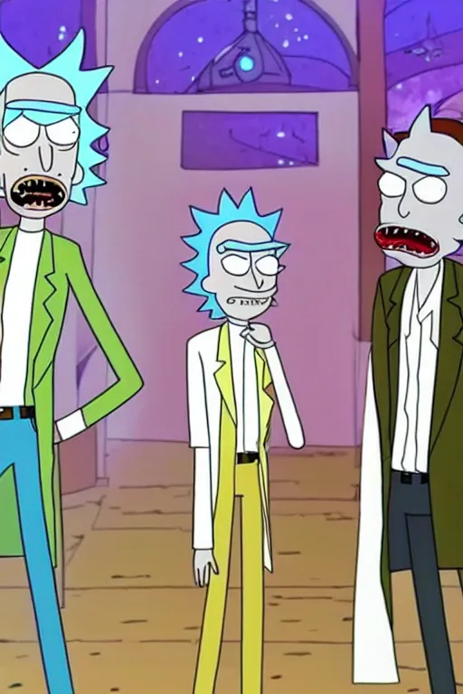 Prompt: a photo of rick and morty, in fancy clothes at a high-class party