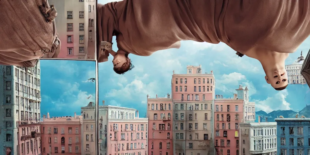 Image similar to a very high resolution image from a new movie, upside - down building, mirror, beautiful scenery, photorealistic, photography, directed by wes anderson