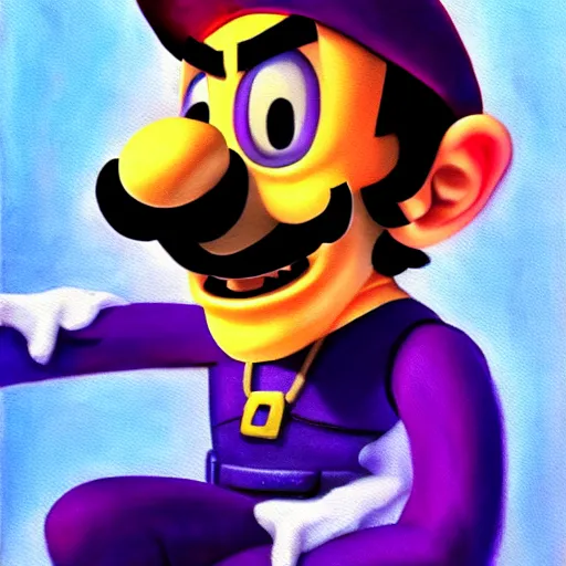 Prompt: waluigi from the super mario series oil painting and ultra realistic