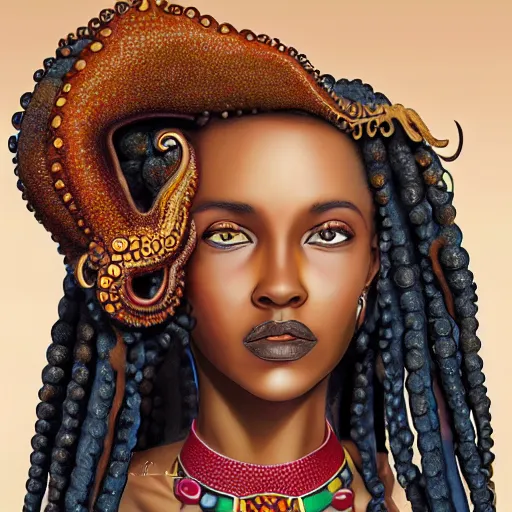 Image similar to rastafari woman with octopus arms as hair, intricate, elegant, highly detailed, digital painting, realistic shading, cinematic composition, hdr, photorealistic, 8 0 mm, concept art, artstation, matte, sharp focus, illustration, art by keith thompson and christopher lane