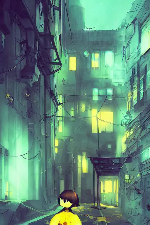 Image similar to teal and yellow colors. Alleyway in style of cytus and deemo, mysterious vibes, set in half-life 2, beautiful with eerie vibes, very inspirational, very stylish, surrealistic, perfect digital art, mystical journey in strange world, bastion game