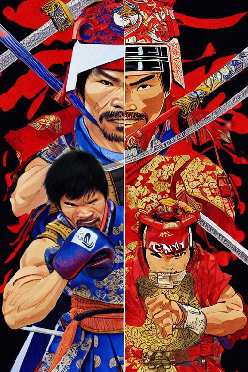 Image similar to poster of manny pacquiao as a samurai, wearing sengoku - era shogunate armor, by yoichi hatakenaka, masamune shirow, josan gonzales and dan mumford, ayami kojima, takato yamamoto, barclay shaw, karol bak, yukito kishiro