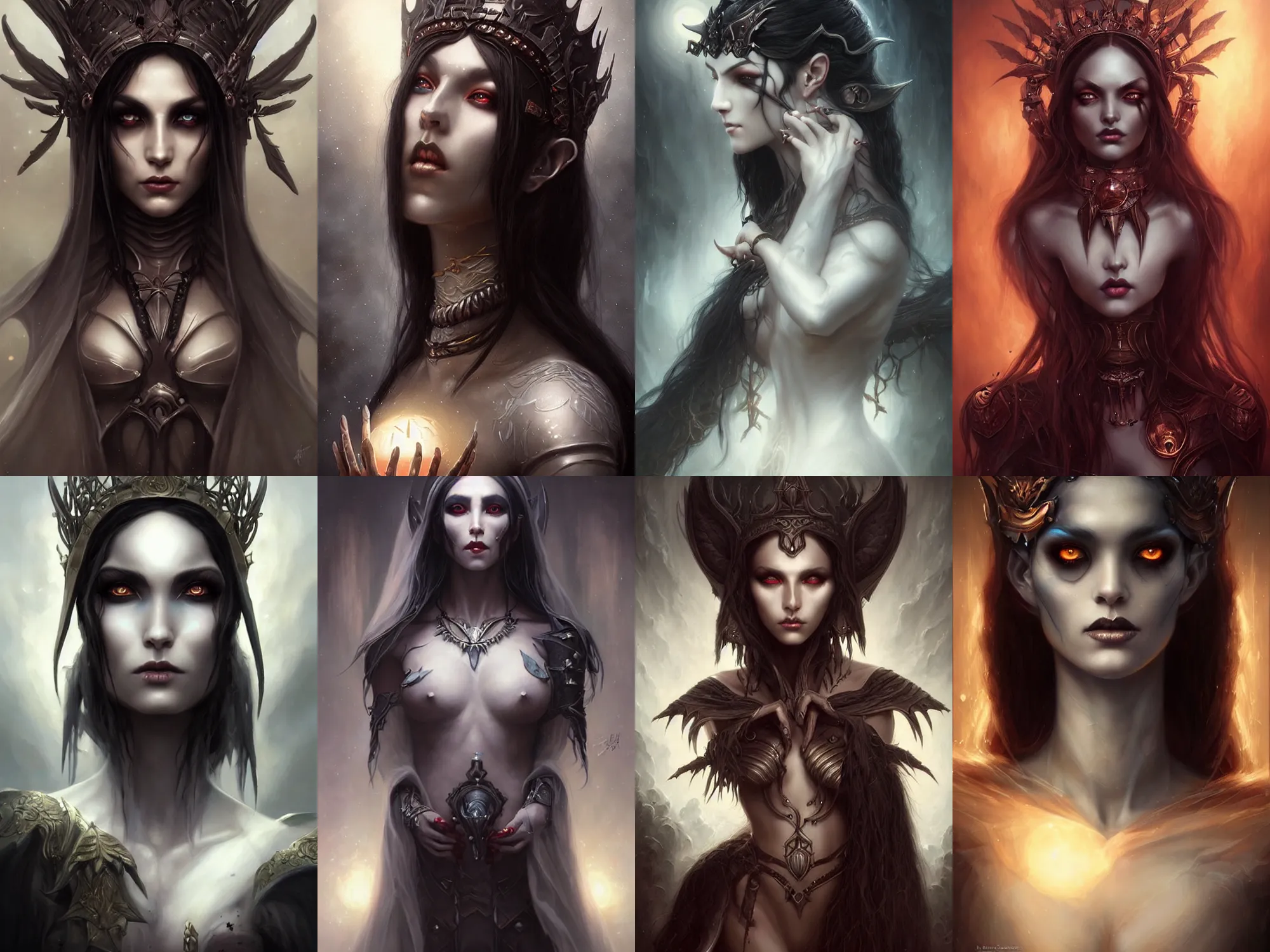 Prompt: a hauntingly beautiful dark elf queen, painted by artgerm and tom bagshaw, fantasy art, dramatic lighting, highly detailed oil painting