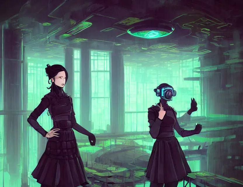 Prompt: viking scifi pastry chef in a cloud forest cafe, wearing a lovely dress with cyberpunk elements. this oil painting by the award - winning mangaka has an interesting color scheme and impeccable lighting.