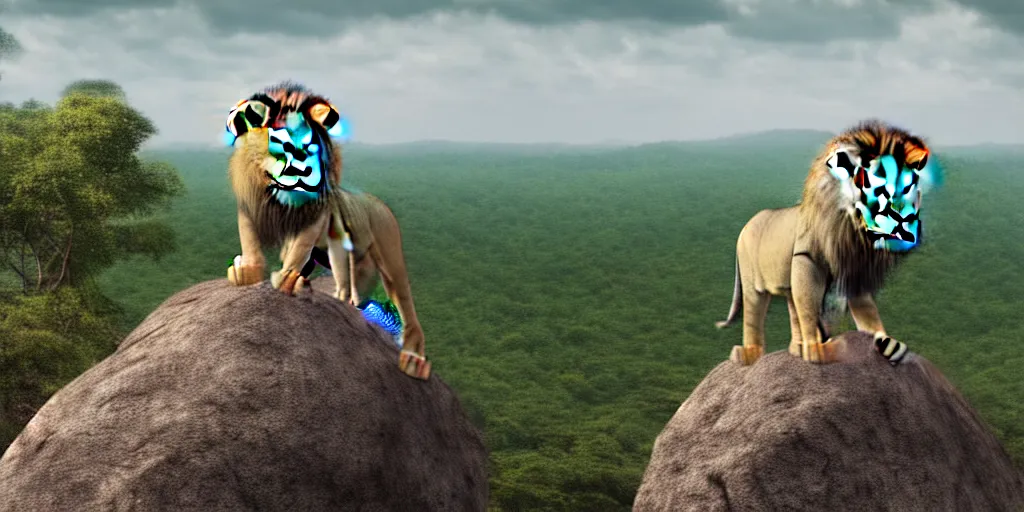 Image similar to hyperrealistic photo of a lion roaring on top of a rock over looking the jungle, 8 k