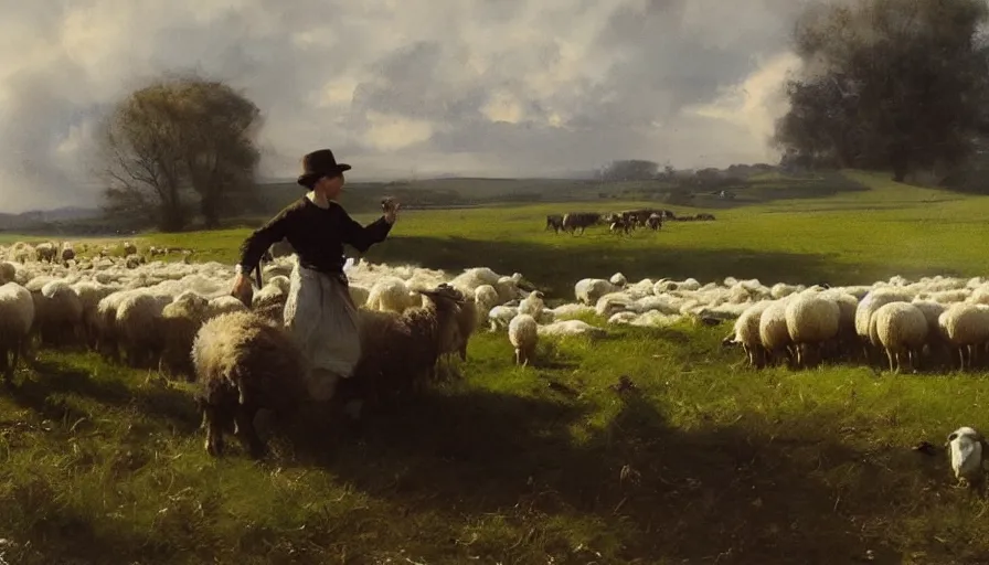 Image similar to simple amish shepherds with flocks of sheep in open fields, art by anders zorn, wonderful masterpiece by greg rutkowski, beautiful cinematic light, american romanticism thomas lawrence, greg rutkowski