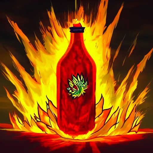 Image similar to a bottle of sriracha going super saiyan, yellow and orange fire in the background, anime artstyle, dramatic lighting, intense lighting, bright