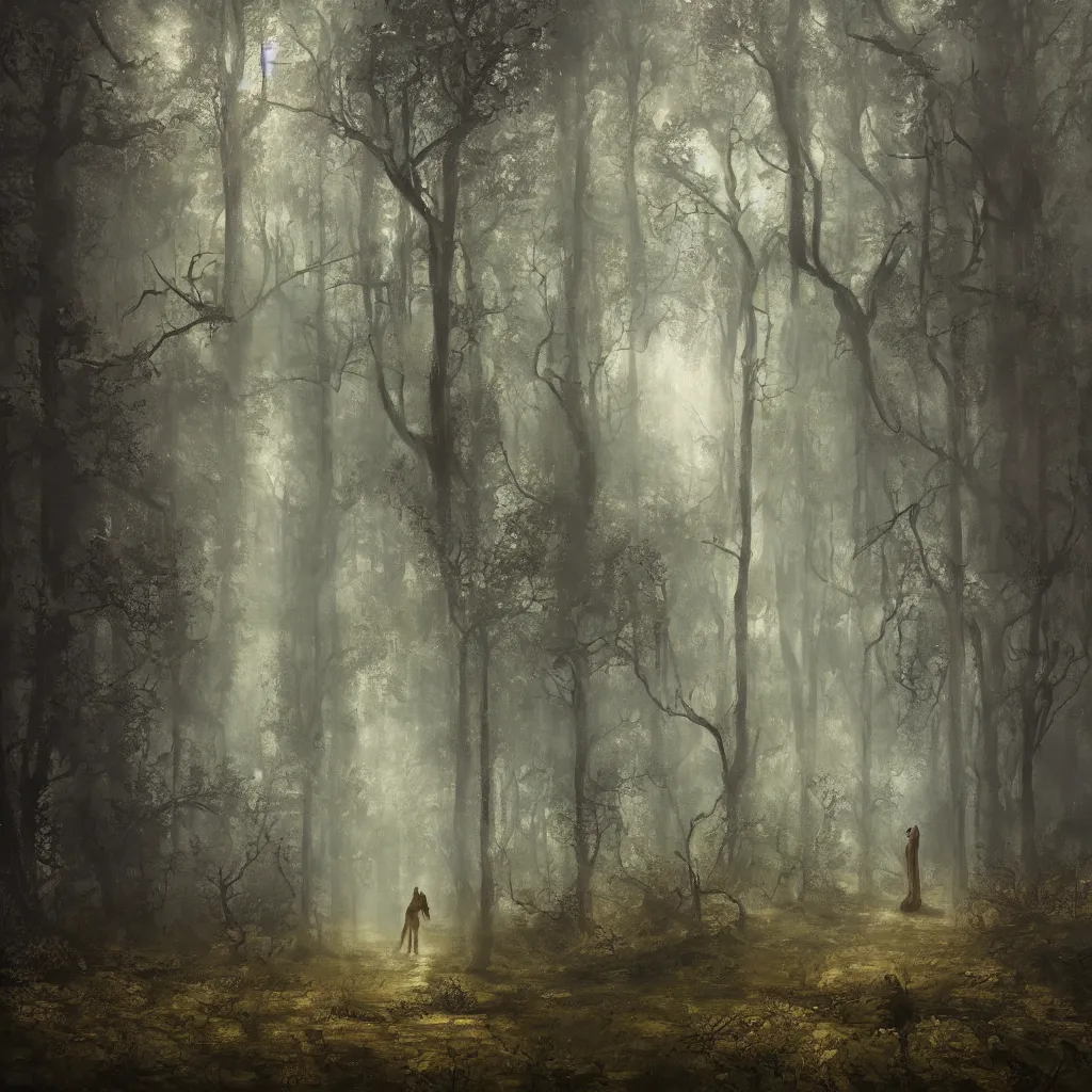 Prompt: a surreal dreamlike scene of a door in the middle of a forest, somber melancholic matte painting, highly detailed oil painting, liminal space, 8k, stillness, solitude, mysterious magical atmosphere, masterpiece