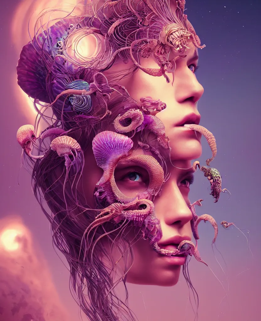 Image similar to goddess princess beautiful woman face close-up portrait ram skull. jellyfish phoenix head, nautilus, orchid, skull, betta fish, bioluminiscent creatures, intricate artwork by Tooth Wu and wlop and beeple. octane render, trending on artstation, greg rutkowski very coherent symmetrical artwork. cinematic, hyper realism, high detail, octane render, 8k